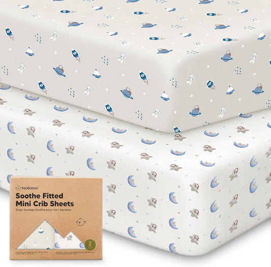 2-Pack Mini Crib Sheets Fitted - 38x26 Pack N Play Sheets for Pack and Play Mattress, Organic Cotton, Soft & Breathable Playard Bedding, Neutral Mini Toddler Bed Cover for Boys, Girls (Cosmo)