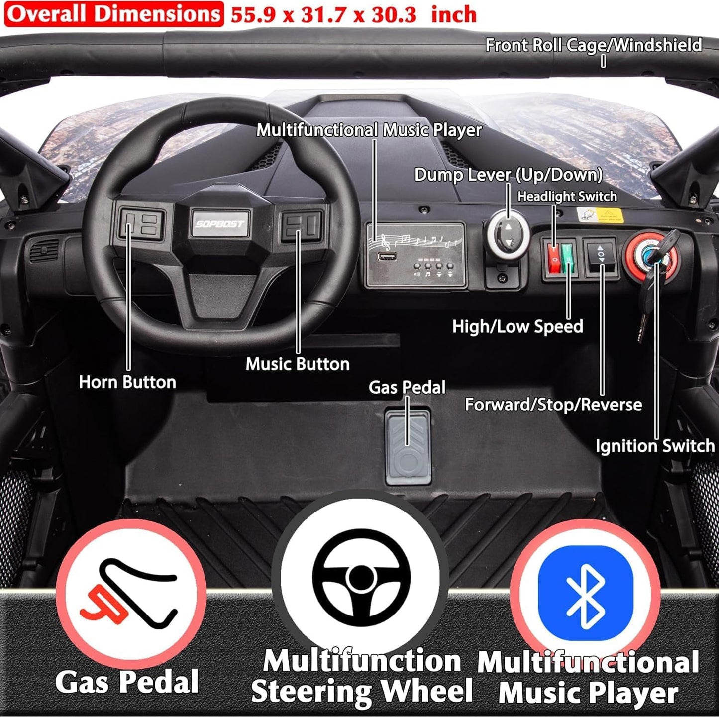 sopbost 24V 10Ah Ride On Toys for Big Kids to Drive 2 Seater Ride On Car with Remote Control Battery Powered Side by Side UTV with Large Dump Bed, 4x75W Motors, Camouflage Black