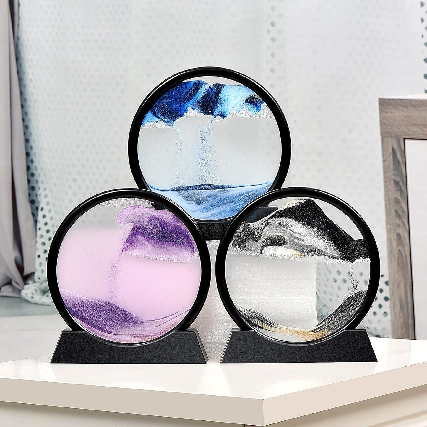 Liquid Motion Sandscape Round Moving Sand Art Sensory Toy Anxiety Fidget ADHD Relaxation Toy Home Office Desktop Decoration (Blue, 7-in)