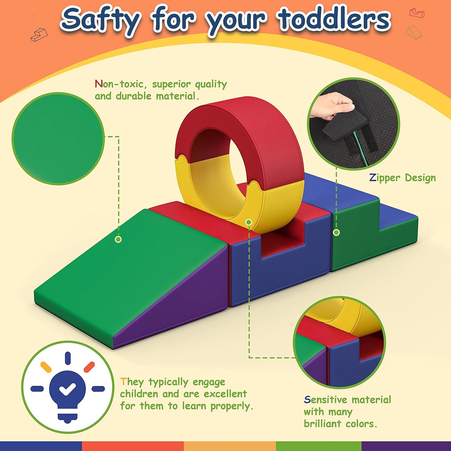 Foam Climbing Toys for Toddlers,4 Pcs Climb & Crawl Soft Play Set for Kids, Safe Indoor Tunnel for Toddler Gym with Pad,Easy to Clean