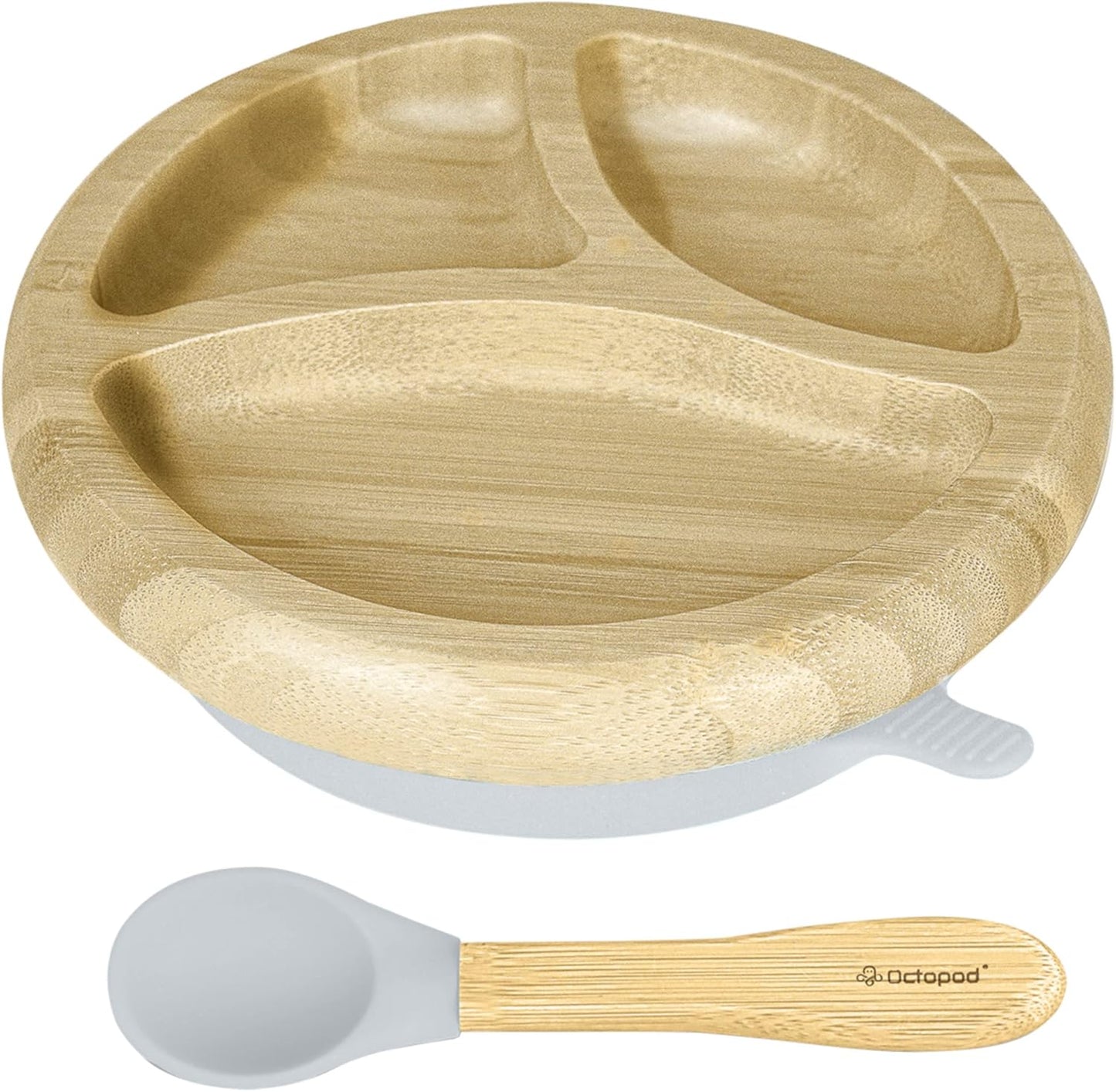 Abiie Octopod Bamboo Dish - Kids Plates for 4 months and up, 3-Compartment Baby Plates with Suction, Round Bamboo Baby Plate, Mess-Free Toddler Suction Plates, Baby Feeding Supplies, 7.5 x 7.5 x 1.9in