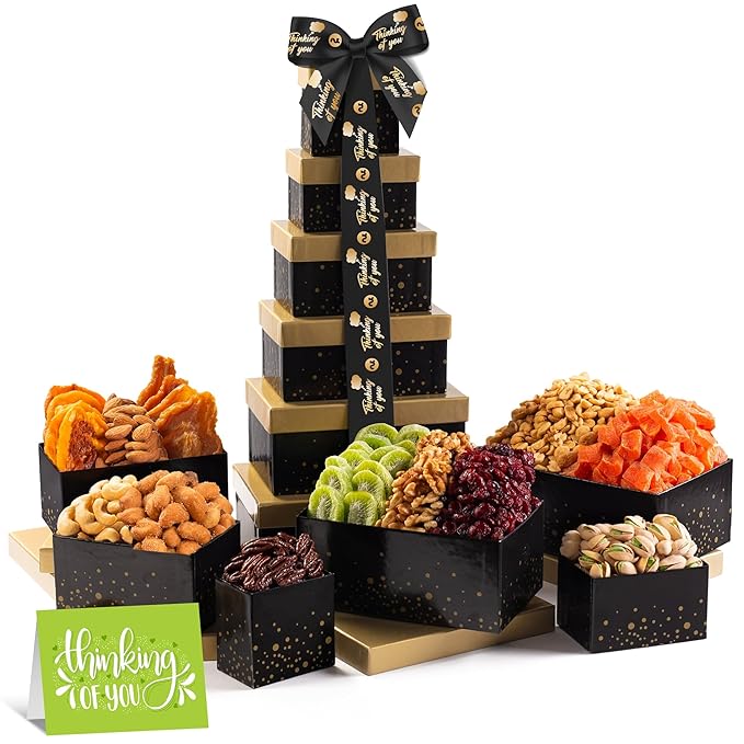 NUT CRAVINGS Gourmet Collection - Thinking of You, Nuts & Dried Fruits Tower Gift Basket, with TY Ribbon + Greeting Card (12 Assortments) Food Arrangement, Healthy Snack Care Package, Food Assortments