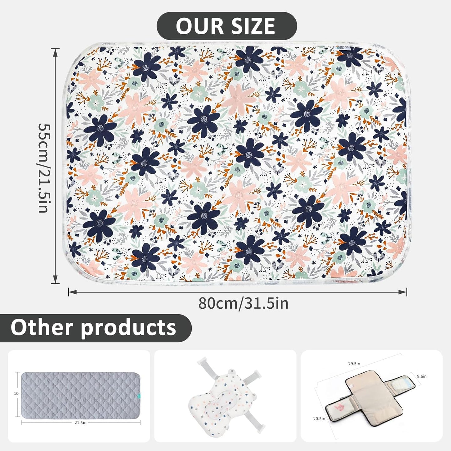 Baby Diaper Changing Pad, 21 5/8" x 31.5" Waterproof Changing Pad Liners - Reusable Soft and Absorbent Portable Changing Mat(Floral1PCS)