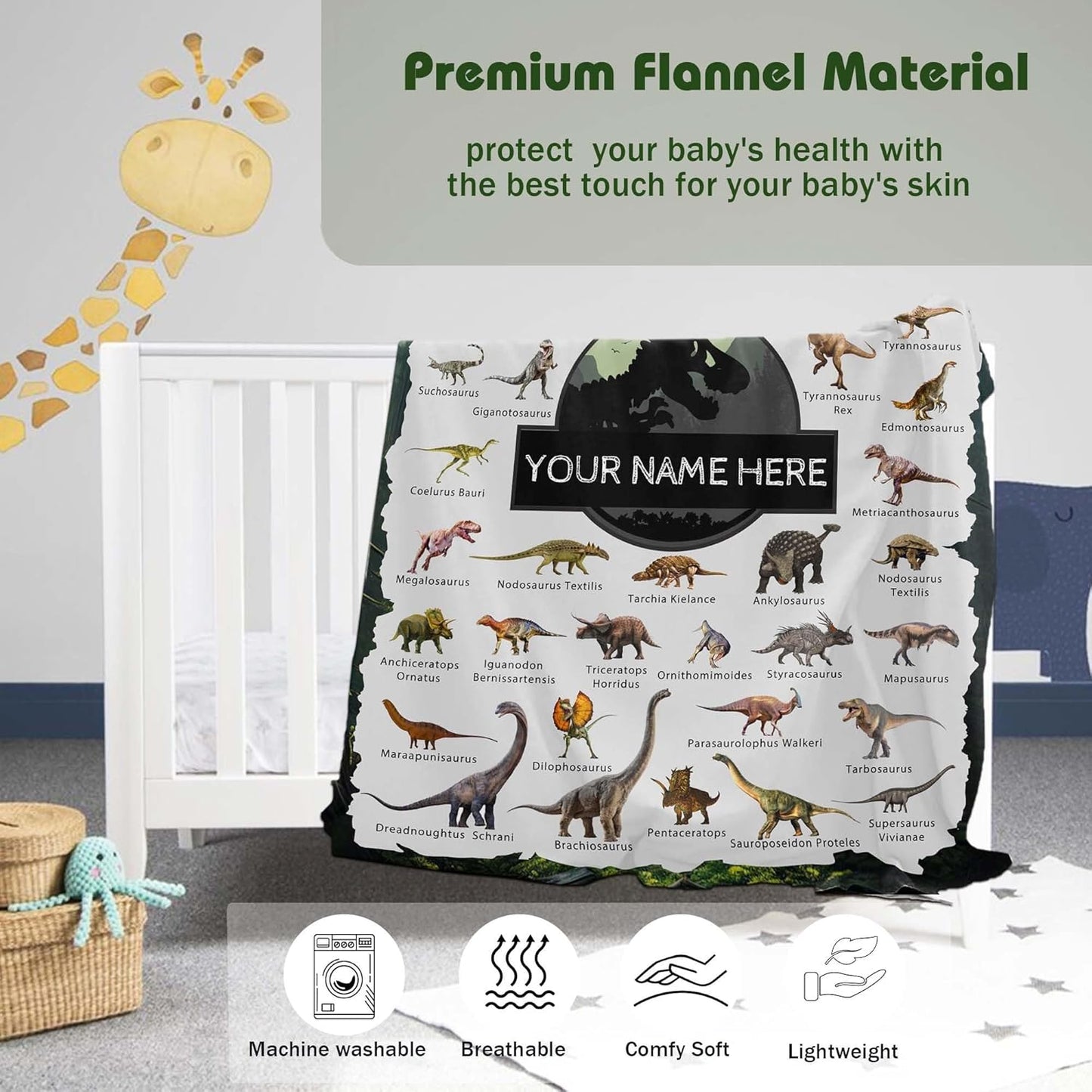 Personalized Dinosaur Blanket with Name Custom Name Blanket for Baby Boy Newborn Customized Gifts for Baby Shower Christmas Birthday Expect Mom