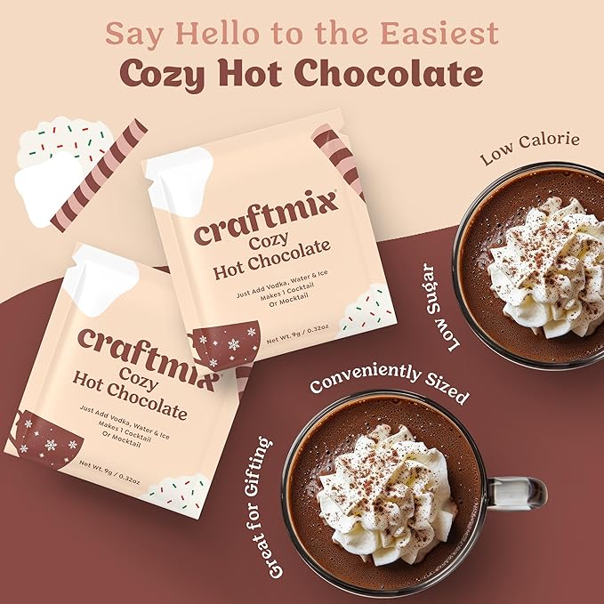 Craftmix Cozy Hot Chocolate Mix - Instant Hot Cocoa Drink Mix Packets - Made with Real Cocoa Beans - Add Milk or Water - Vegan, Low-Carb, Low-Sugar, Dairy-Free, Gluten-Free, 12 Pack