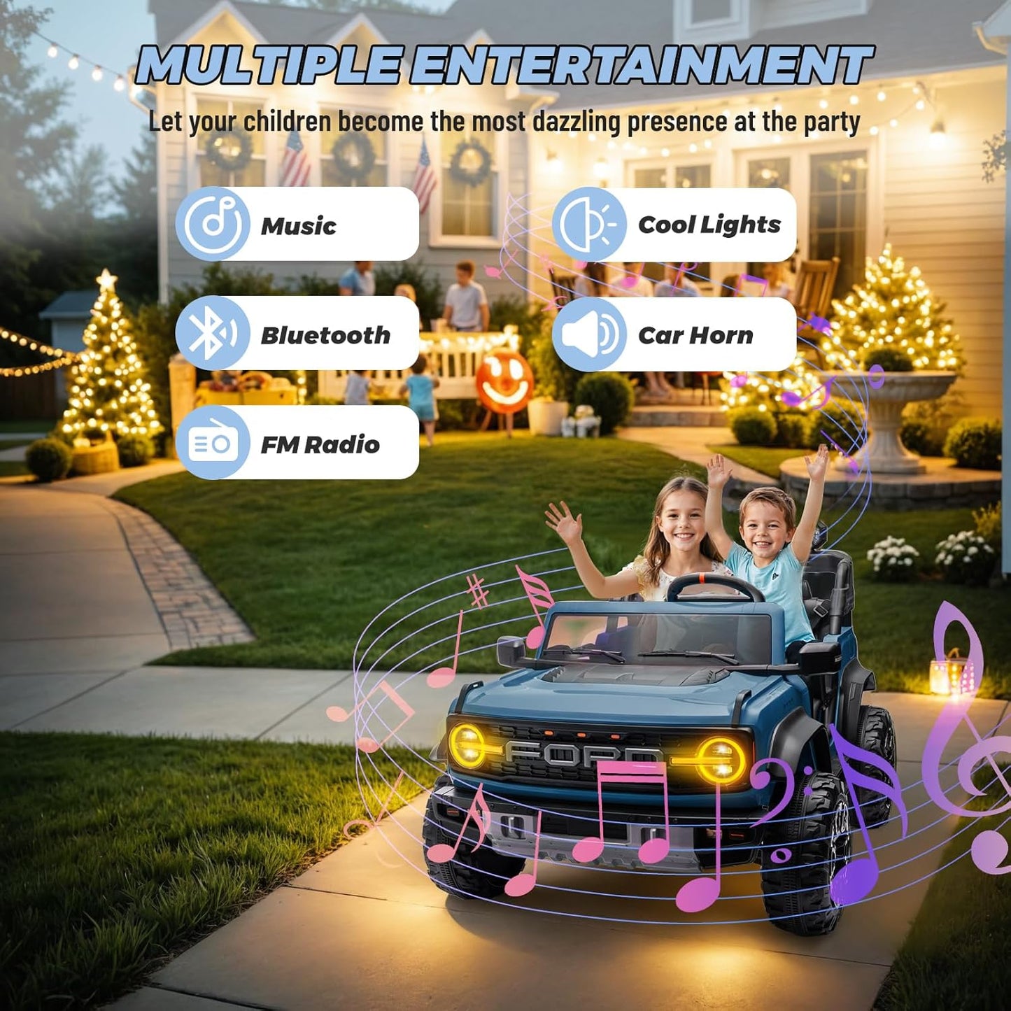 ENYOPRO 2 Seater Ride On Car for Kids, 24v Licensed Ford Bronco Raptor Electric Power Ride On Truck Toy with Remote Control, 4 Wheels Shock Absorption, Soft Start, Bluetooth, Radio, 3 Speed - Blue