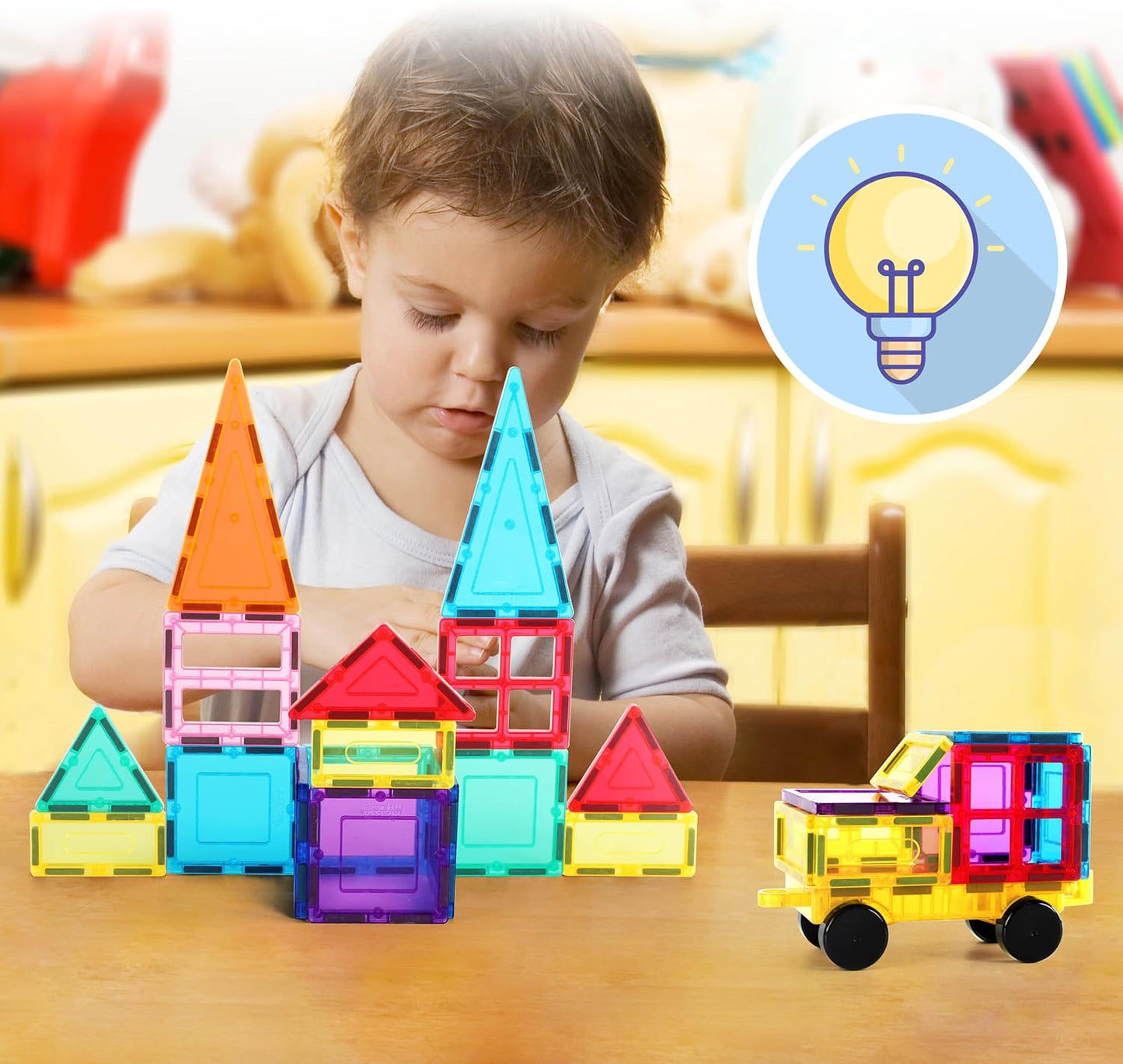 PicassoTiles Magnet Tile Building Blocks with Car Base Drawstring Storage Travel Bag Carry Case Magnetic Tiles Construction Toy STEM Learning Educational Kit Sensory Playset Preschool Kids 3+ PC61