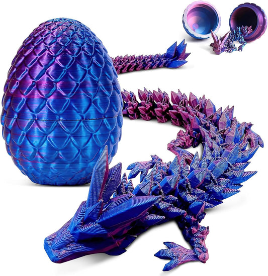 Easter Eggs 3D Printed Dragon in Egg, Full Articulated Dragon Crystal Dragon with Dragon Egg, Flexible Crystal Dragon Fidget Toys for Adults Easter Basket Stuffers Kids Party Favors (12",Laser Purple)