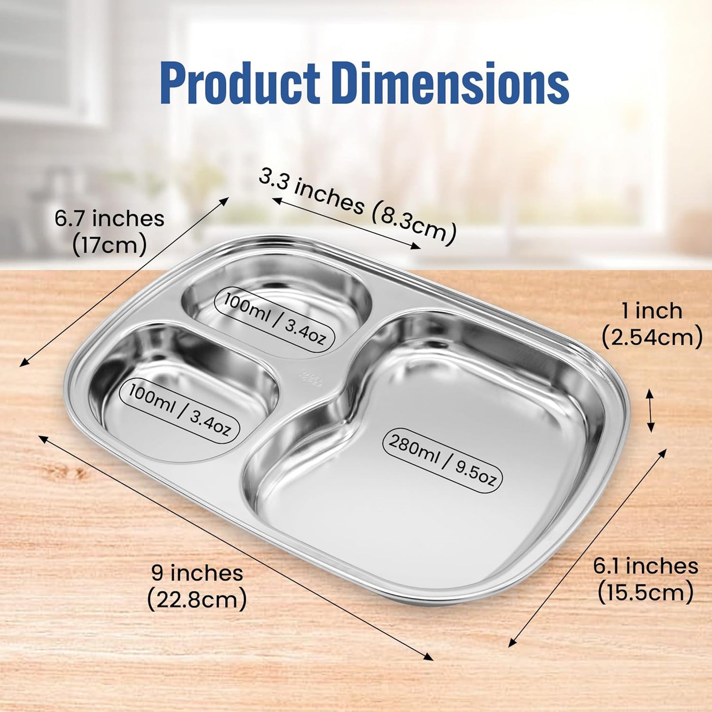 Korean Stainless Steel Divided Plates, Kids Toddlers Babies Tray, BPA Free, Diet Food Control, Camping Dishes, Compact Serving Platter, Dinner Snack, 3 Compartment Plate Silver, Set of 2