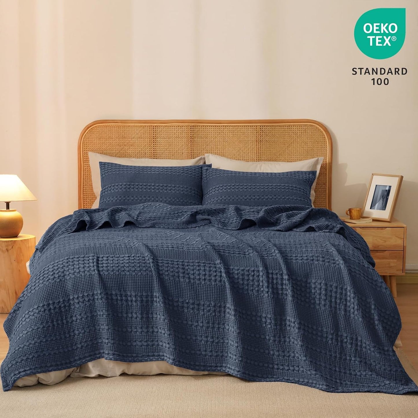 PHF 100% Cotton Waffle Weave Blanket King Size, Soft Lightweight Breathable Cozy Summer Blankets for Bed, Luxury Aesthetic Woven Bedding for Home Decor, 108"x90", Dark Navy