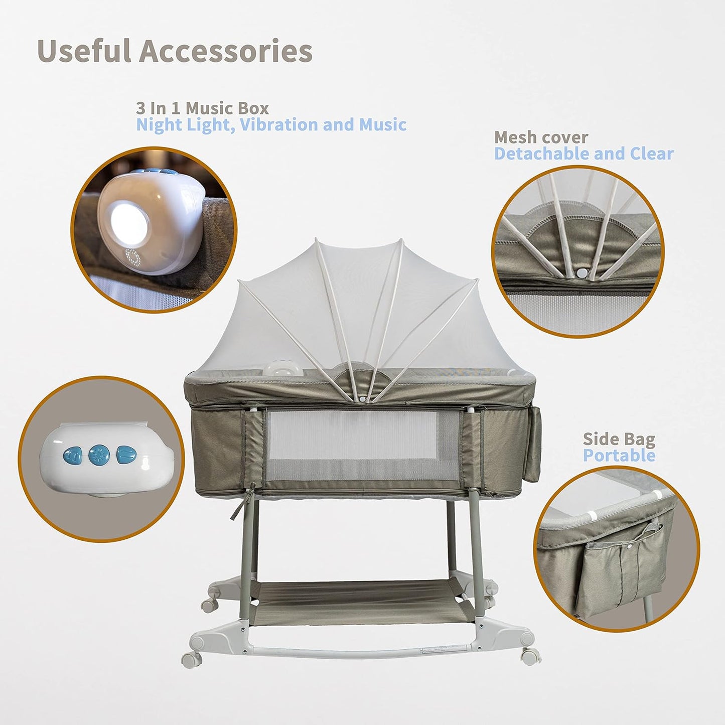 Newborn Portable Bassinet on Wheels for Baby 3 in 1 Bedside Sleeper Rocking Crib Playard with Breathable Mesh Cover Detachable Mosquito Net and Music Box Multi Mode(Light Grey)