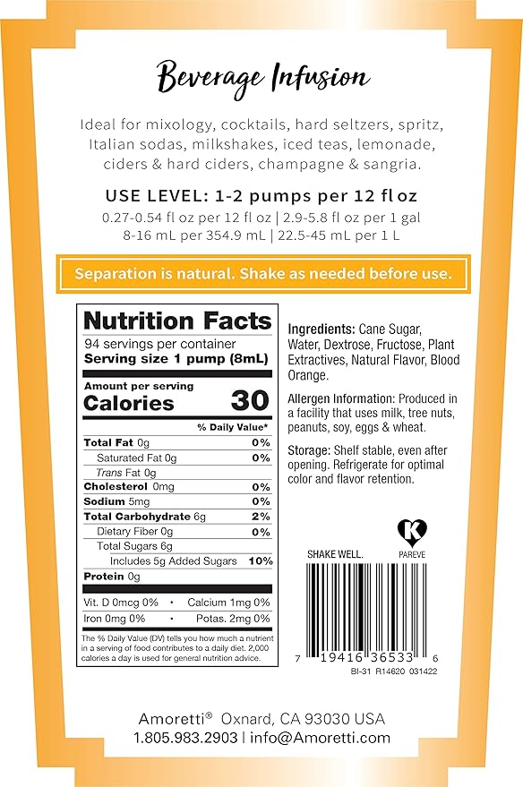 Amoretti - Spicy Blood Orange Beverage Infusion Drink Mix & Water Enhancer with Pump for Flavoring Cocktails, Waters, Tea, and other Beverages, 94 Servings Per Bottle (750 ml), Preservative Free