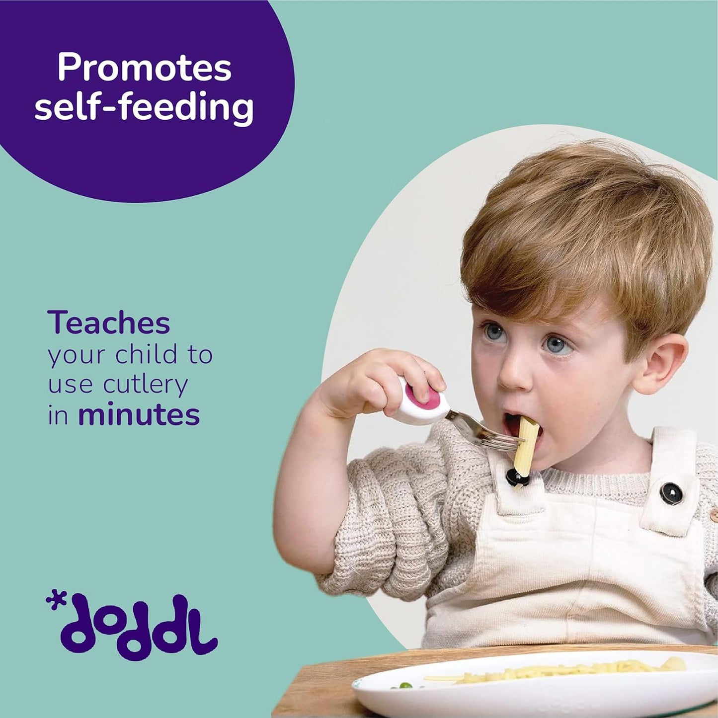 doddl Toddler Utensils, Ergonomic Fork Spoon and Knife Set for Self Feeding, Stainless Steel Silverware for 1-3 Year Olds, BPA Free, Dishwasher Safe (Aqua)