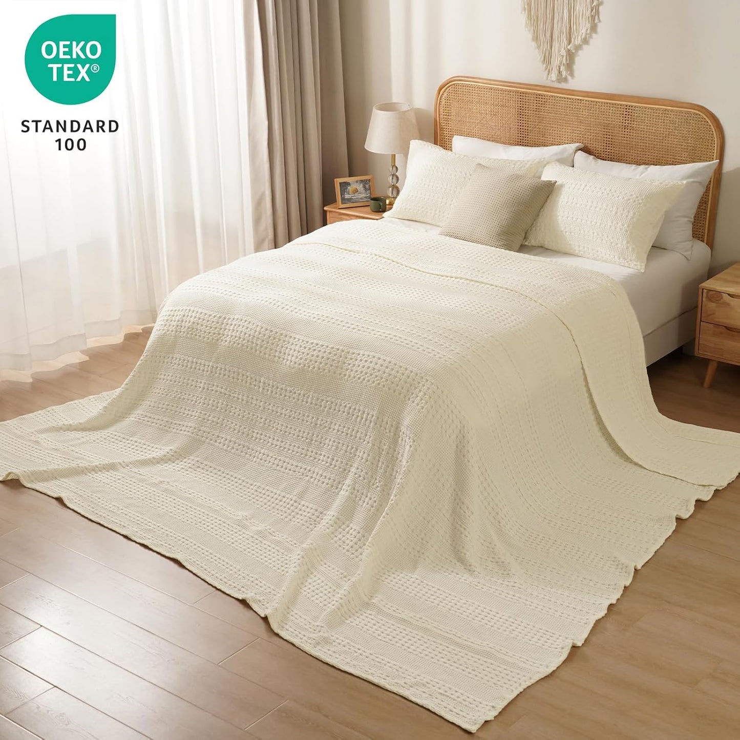 PHF 100% Cotton Waffle Blanket Oversized King 120"x120", Lightweight Breathable Extra Large 10'x10' Summer Blankets for Bed, Giant Big Luxury Aesthetic Woven Bedding for Home Decor, Cannoli Cream