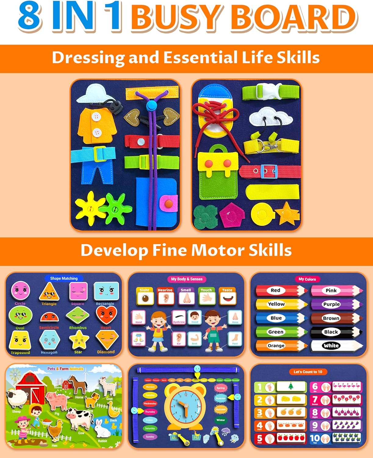 Exorany Busy Board Montessori Toys for Toddler Boy & Girl Birthday Gifts, Busy Book Learning Sensory Toys for Toddlers, Toddler Travel Toy Educational Activities Learn Fine Motor Skills