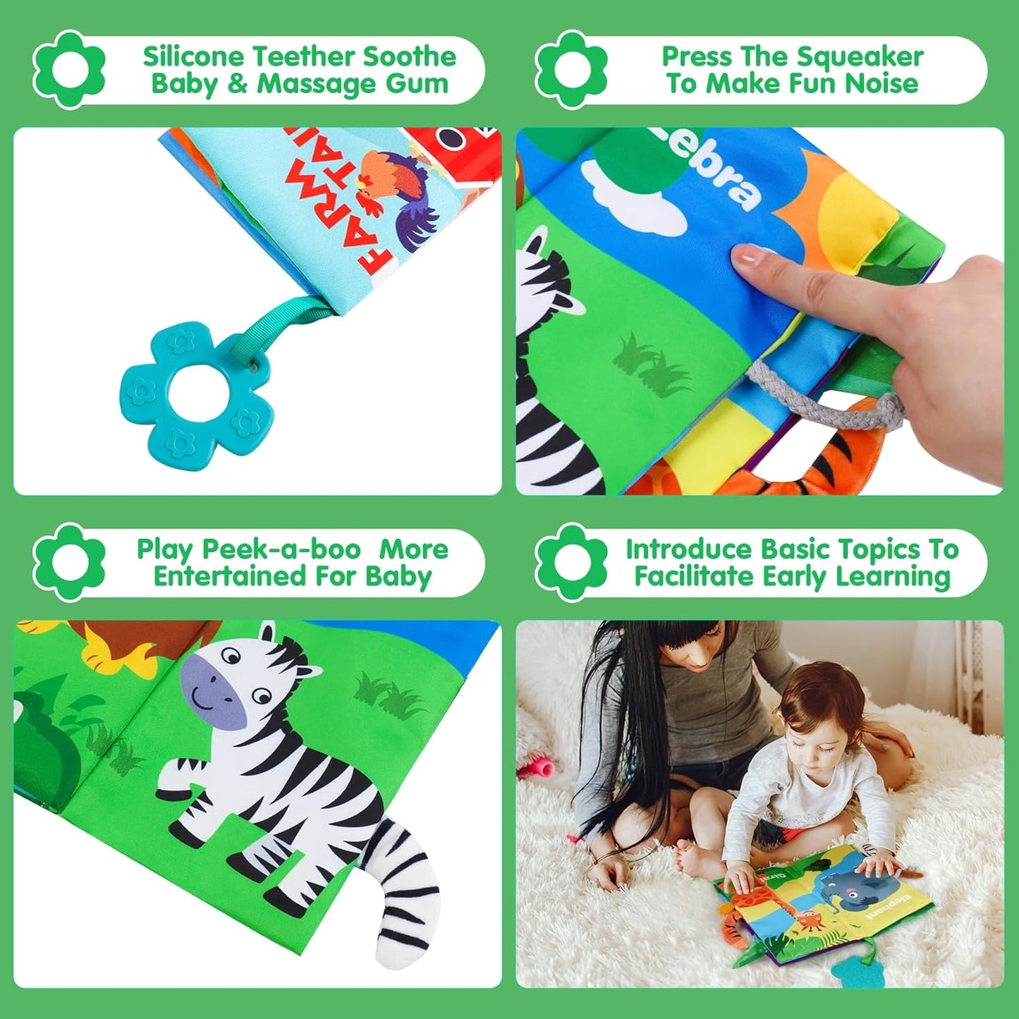 Baby Soft Cloth Crinkle Books Early Education Interactive Stroller Car Seat Sensory Toys with Tails Newborn Development Gifts for 0-6 Months Infants Toddler Baby Boys Girls(Jungle & Farm)