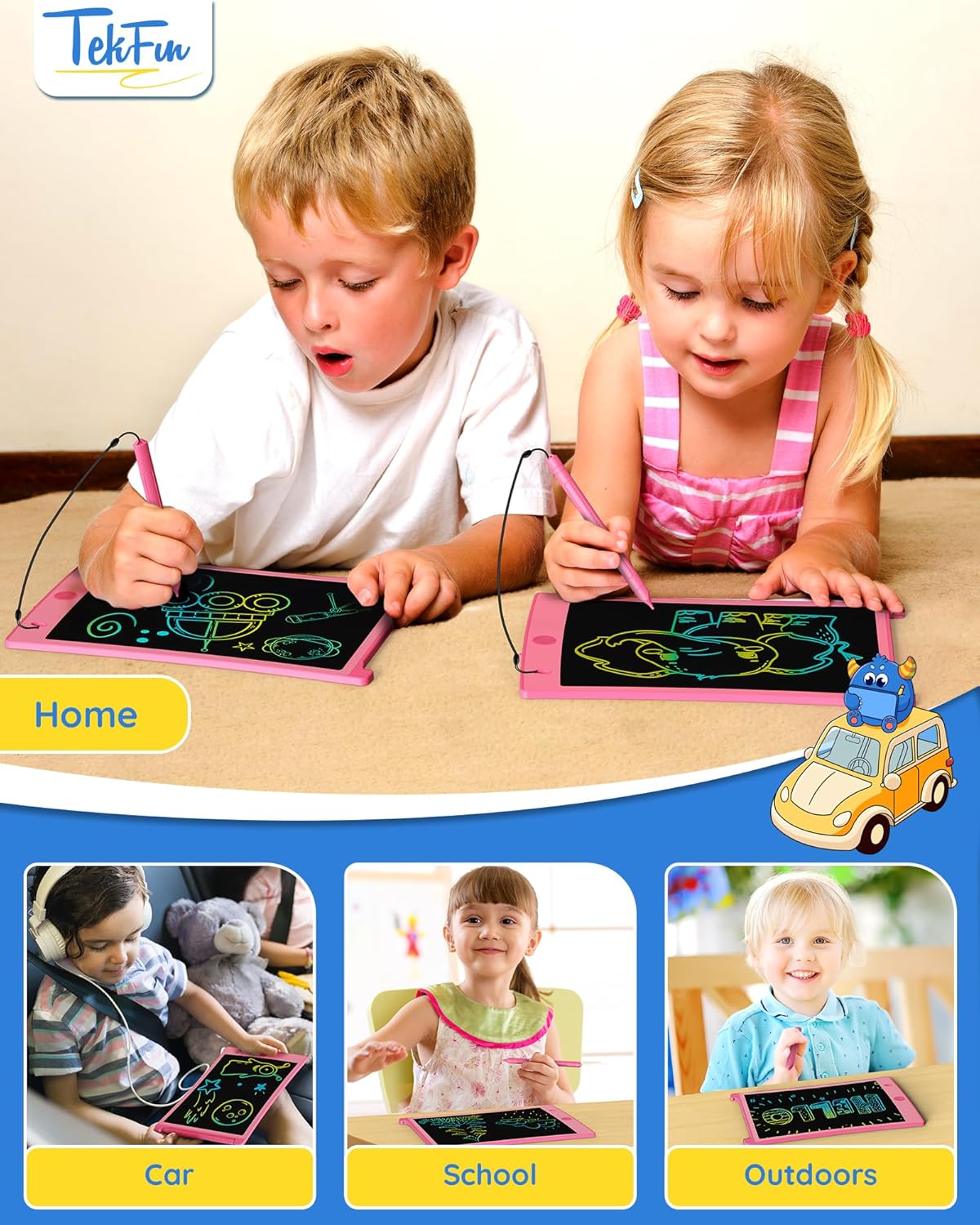 TEKFUN Toys for Girls, 2 Pack LCD Writing Tablet with 4 Stylus, 8.5in Kids Doodle Board Mess Free Coloring Drawing Pad, Travel Car Trip Toys Christmas Birthday Gift for 3 4 5 6 7 Girls (2* Pink)