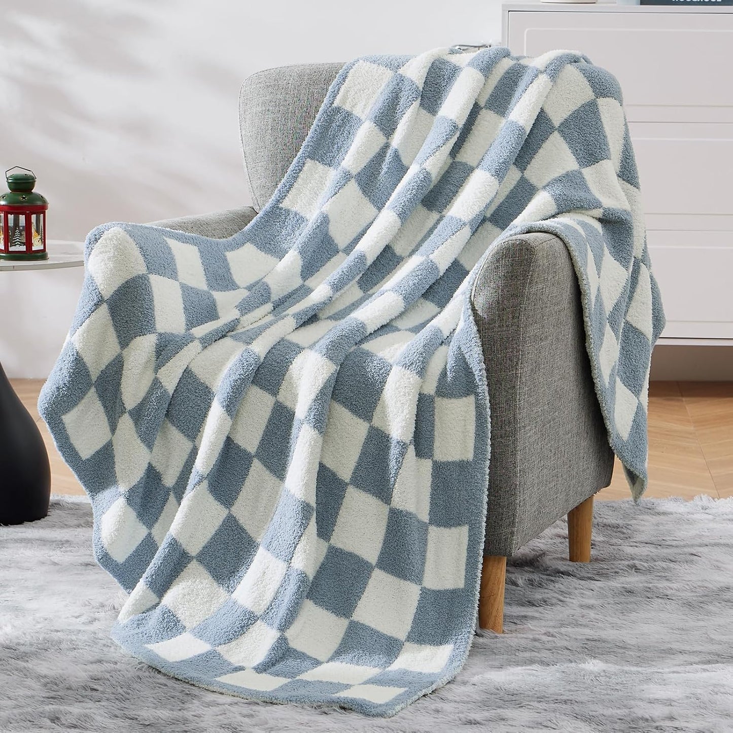 WRENSONGE Checkered Throw Blanket, Grey Blue Soft Cozy Fluffy Warm Hand Made Throw Blankets for Couch, Sofa, Chair, Bed, Camping, Picnic, Travel Lightweight Bed Blanket - 50"*70"
