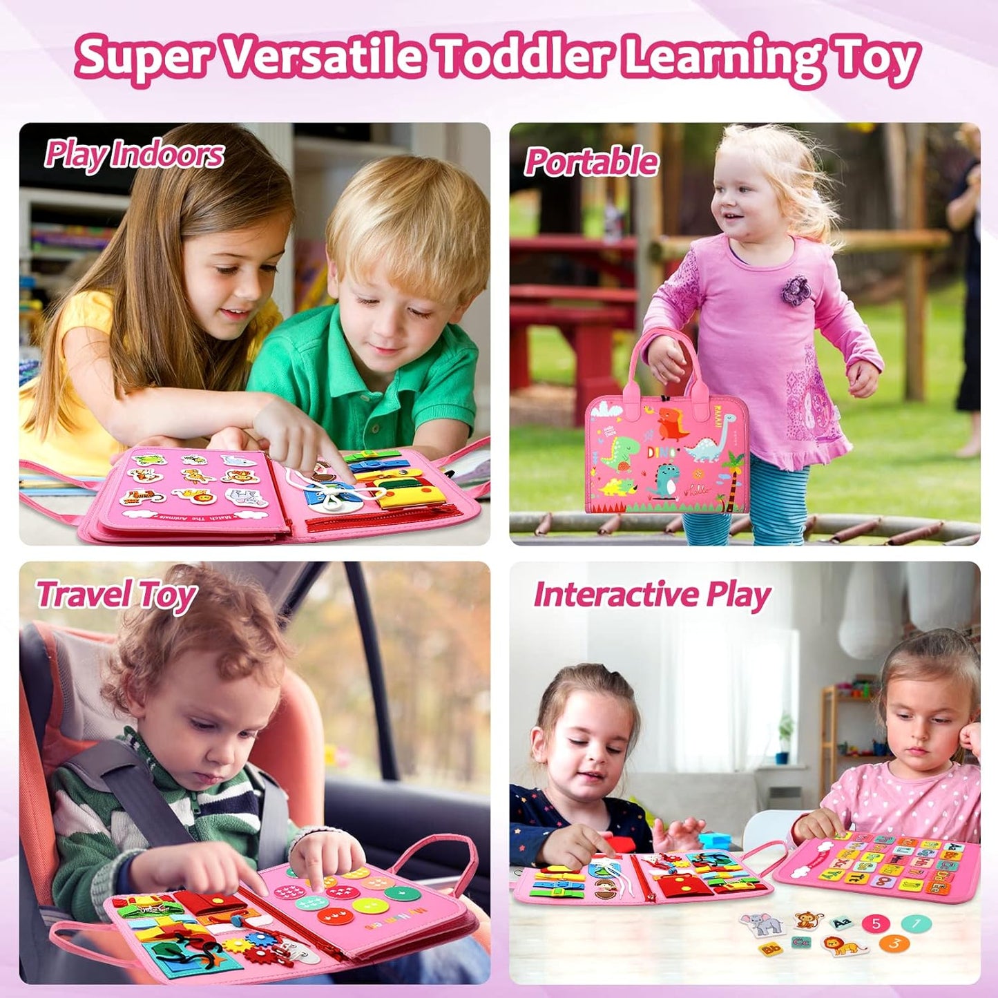 Qizfun Busy Board Montessori Toy for 1 2 3 4 Years Old, Educational Activity Sensory Board Preschool Learning Fine Motor Skills Toys, Toddler Travel Toy for Plane Car, Gift for Boys Girls (Pink/P4)