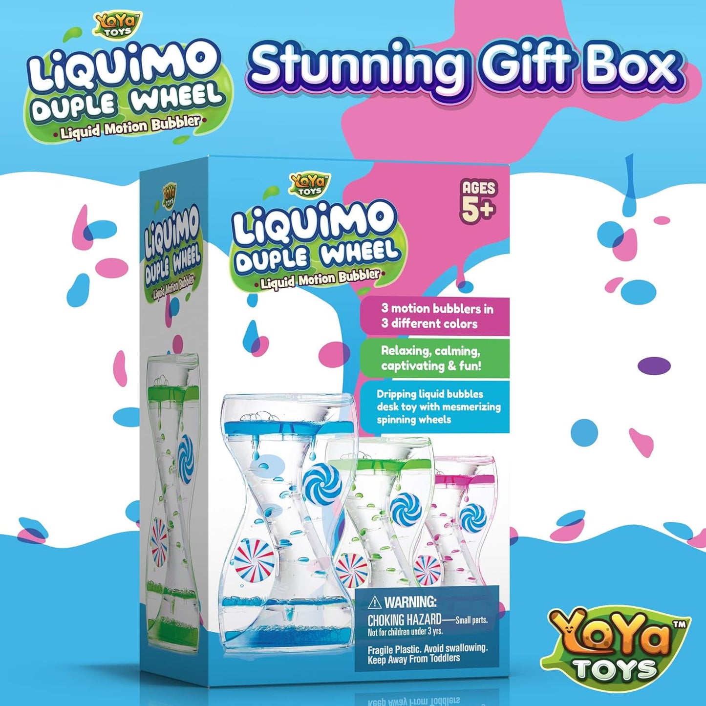 YoYa Toys Liquimo Liquid Motion Bubbler Duple Wheel for Kids and Adults - Satisfying Toys for Stress and Anxiety Relief - Fidget Toy Can Be Used as a Colorful Kitchen Timer - 3 Pack
