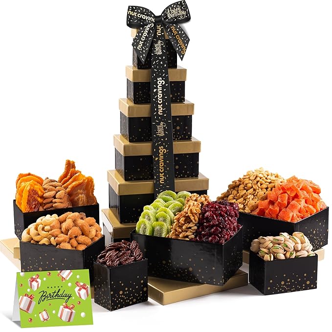 NUT CRAVINGS Gourmet Collection - Happy Birthday Treats, Nuts & Dried Fruits Tower Gift Basket with Bday Ribbon (12 Assortments) Food Arrangement, Healthy Snack Care Package, Food Assortments