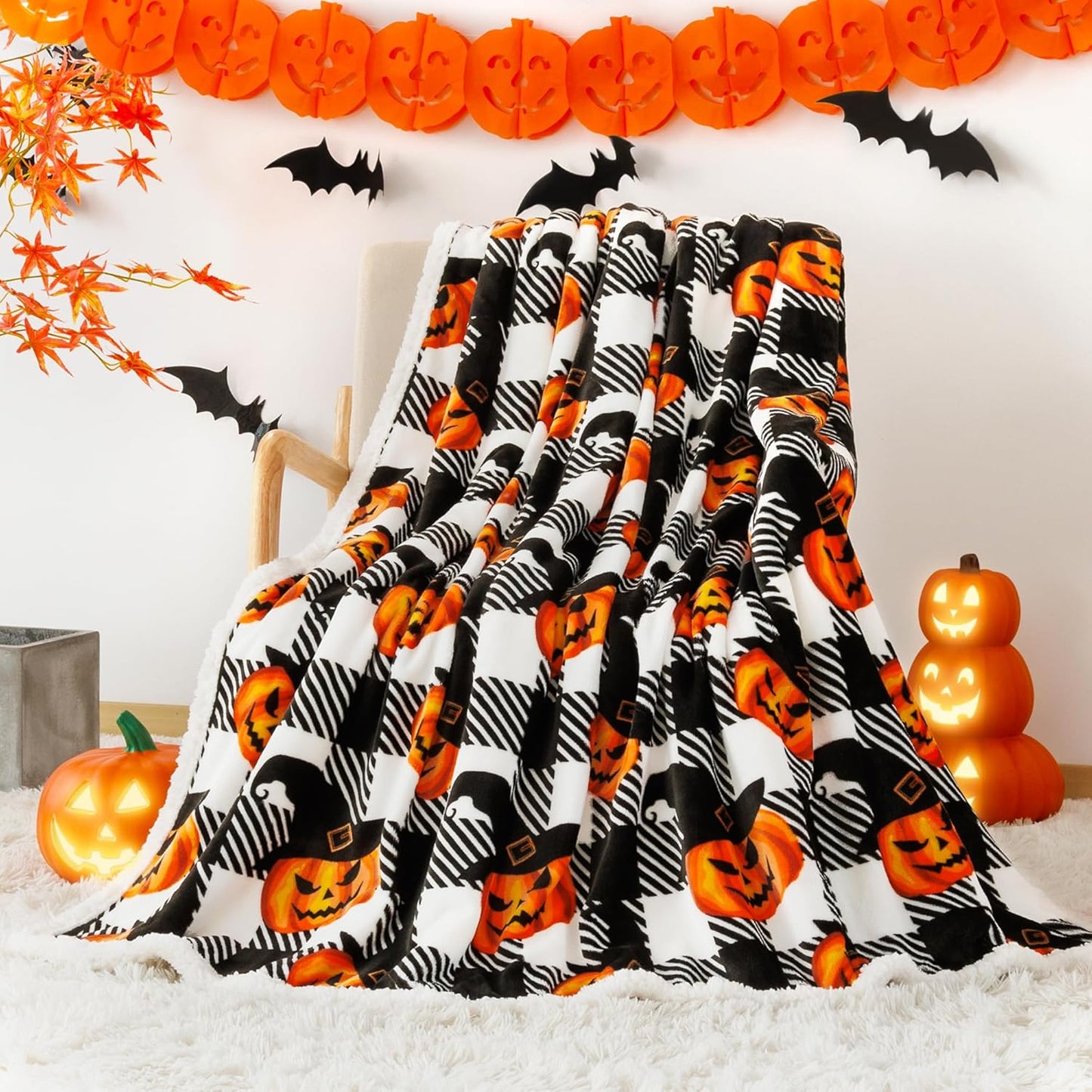 Touchat Halloween Blanket Twin Size 60" X 70"，Pumpkin Sherpa Fall Fuzzy Fluffy Soft Cozy Blankets, Fleece Flannel Plush Microfiber Throw for Couch Bed Sofa, Halloween Decor (BlackHalloween)