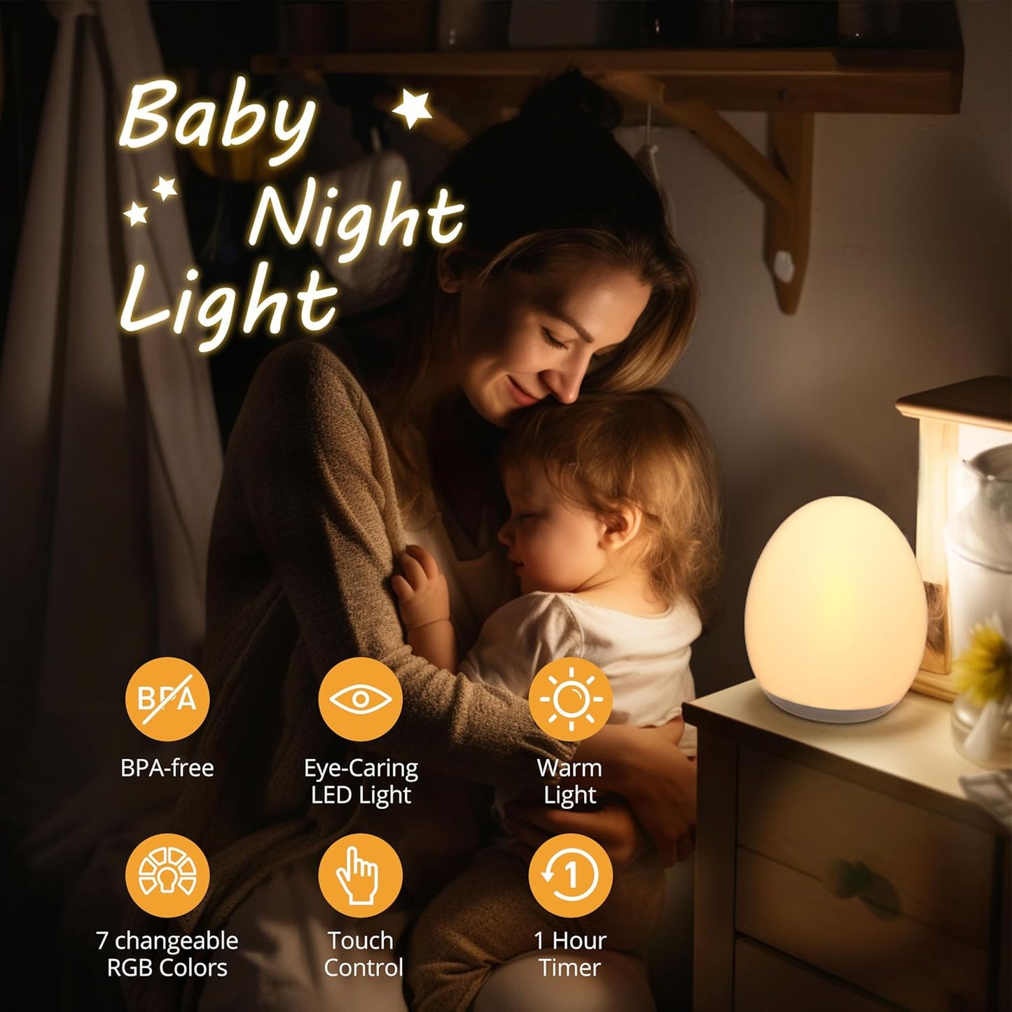 JolyWell Night Light for Kids, Baby Egg Light with 7 Colors Changing Mode & Stepless Dimming, Nursery Night Lamp BPA Free,Rechargeable Egg Night Light for Breastfeeding 1h Timer & Touch Control