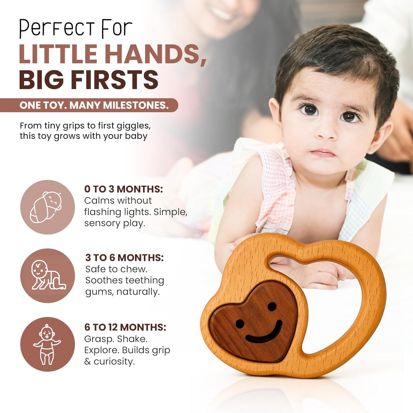 Baby Essentials – Wooden Teething Toy for 3–6 Months | Natural Baby Rattle | Safe Toys for Newborns