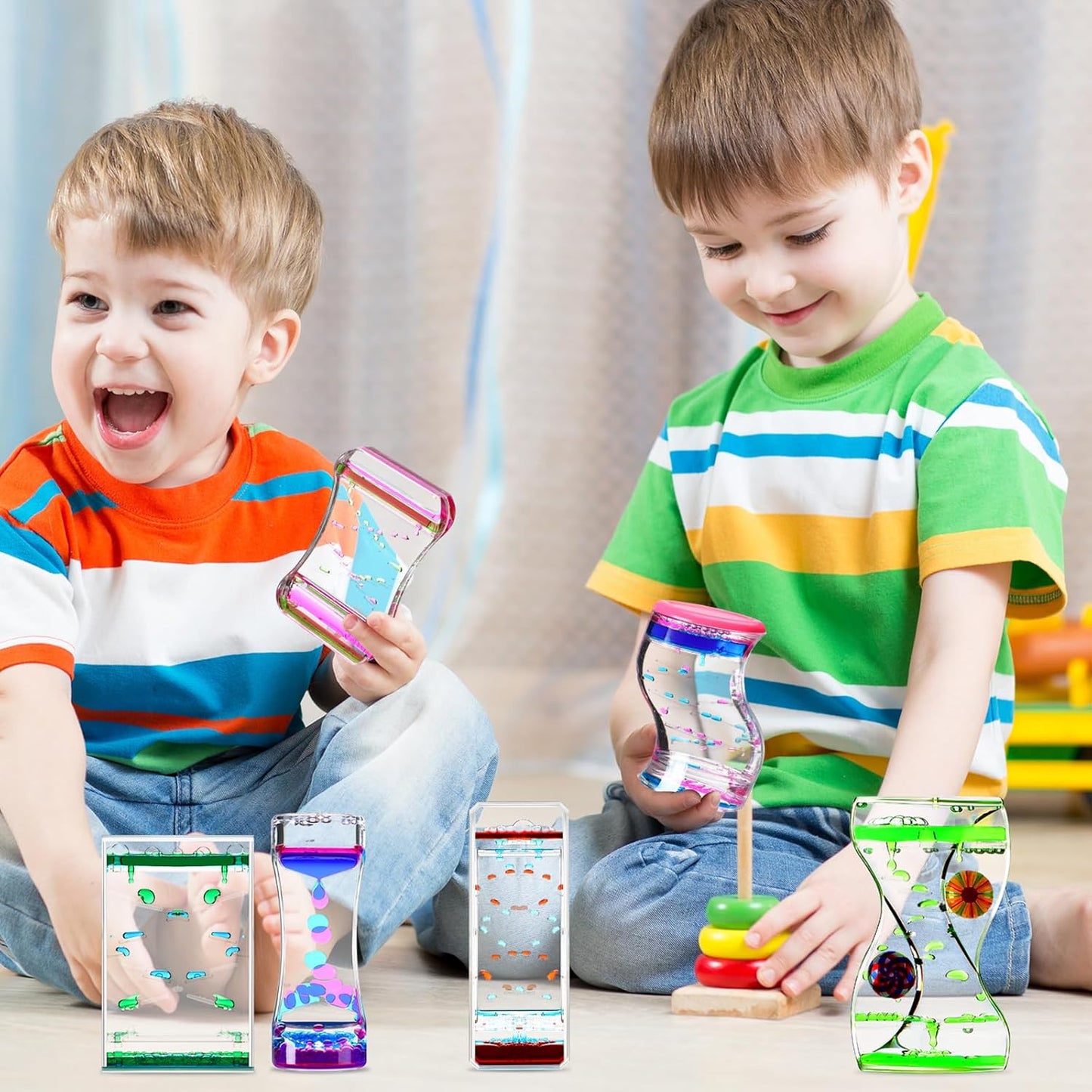 6 Pack Liquid Motion Bubbler Liquid Bubble Sensory Toys Colorful Oil Hourglass Fidget Toy Sensory Bottles Calming Toys Handheld Water Game for Boy Girl Autism ADHD Adults (Cute)