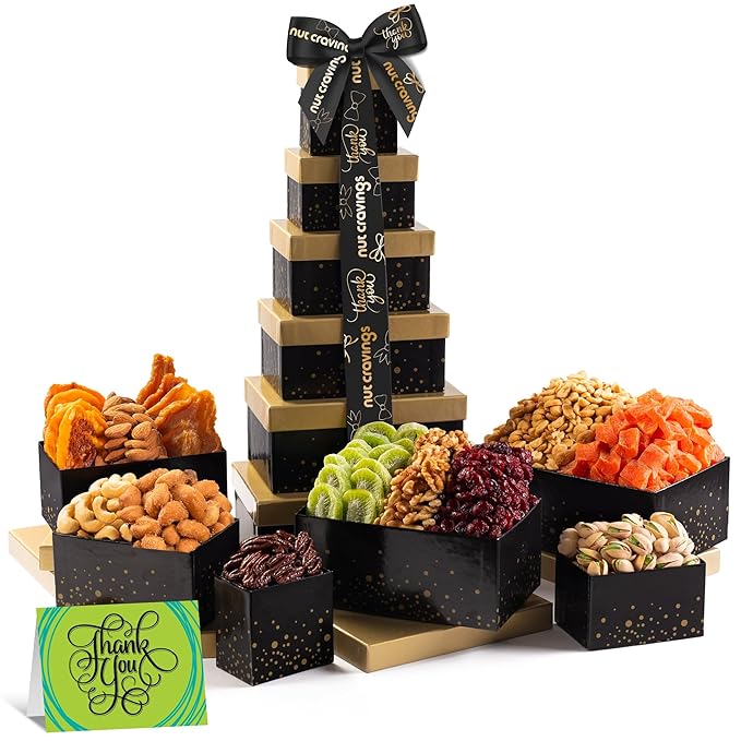 NUT CRAVINGS Gourmet Collection - Thank You Appreciation, Nuts & Dried Fruits Tower Gift Basket, with TY Ribbon + Greeting Card (12 Assortments) Food Arrangement, Healthy Snack, Food Assortments