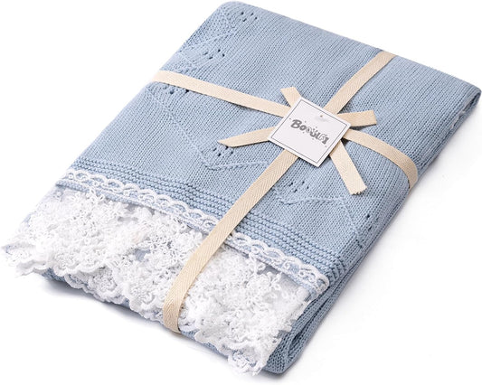 Booulfi Baby Blankets Neutral Knitted Blue Cotton Blue Baby Blanket Stroller Lace Border Crochet Winter Crib Baby Blanket New Baby Essentials