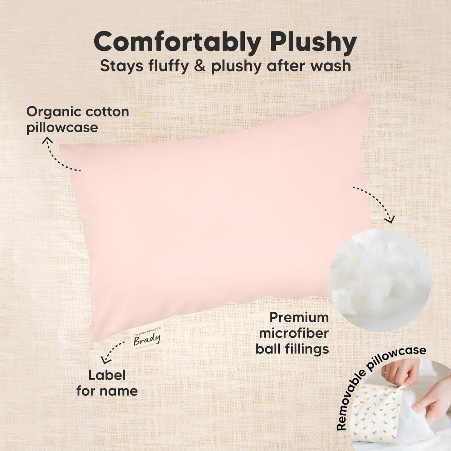 Mini Toddler Pillow with Pillowcase - 9x13 My Little Dreamy Travel Kids Pillow for Sleeping, Toddler Bed, Small, Tiny, Organic Cotton Pillowcase, Soft & Breathable, Kids 2-4 Years Old (Mist Pink)