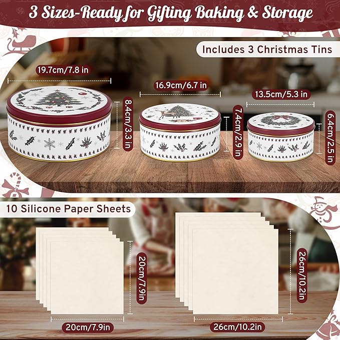 3 Pack Christmas Cookie Tins with 10 Baking Papers, Reusable Nesting Round Metal Cookie Containers with Airtight Lids for Treat Storage & Holiday Gift Giving (Large, Medium, Small)