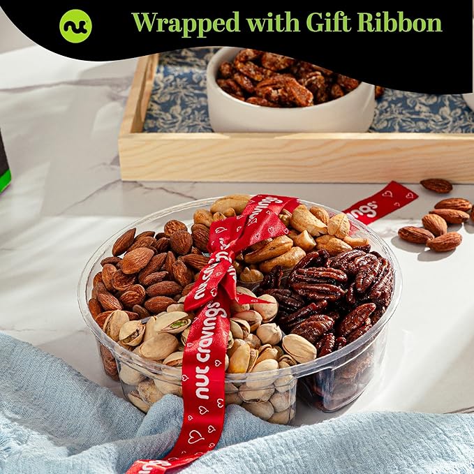 NUT CRAVINGS - Thanksgiving Mixed Nuts Gift Basket + Heart Ribbon (4 Assortments) Holiday Xmas Christmas Food Arrangement, Healthy Snack Care Package, Food Assortments