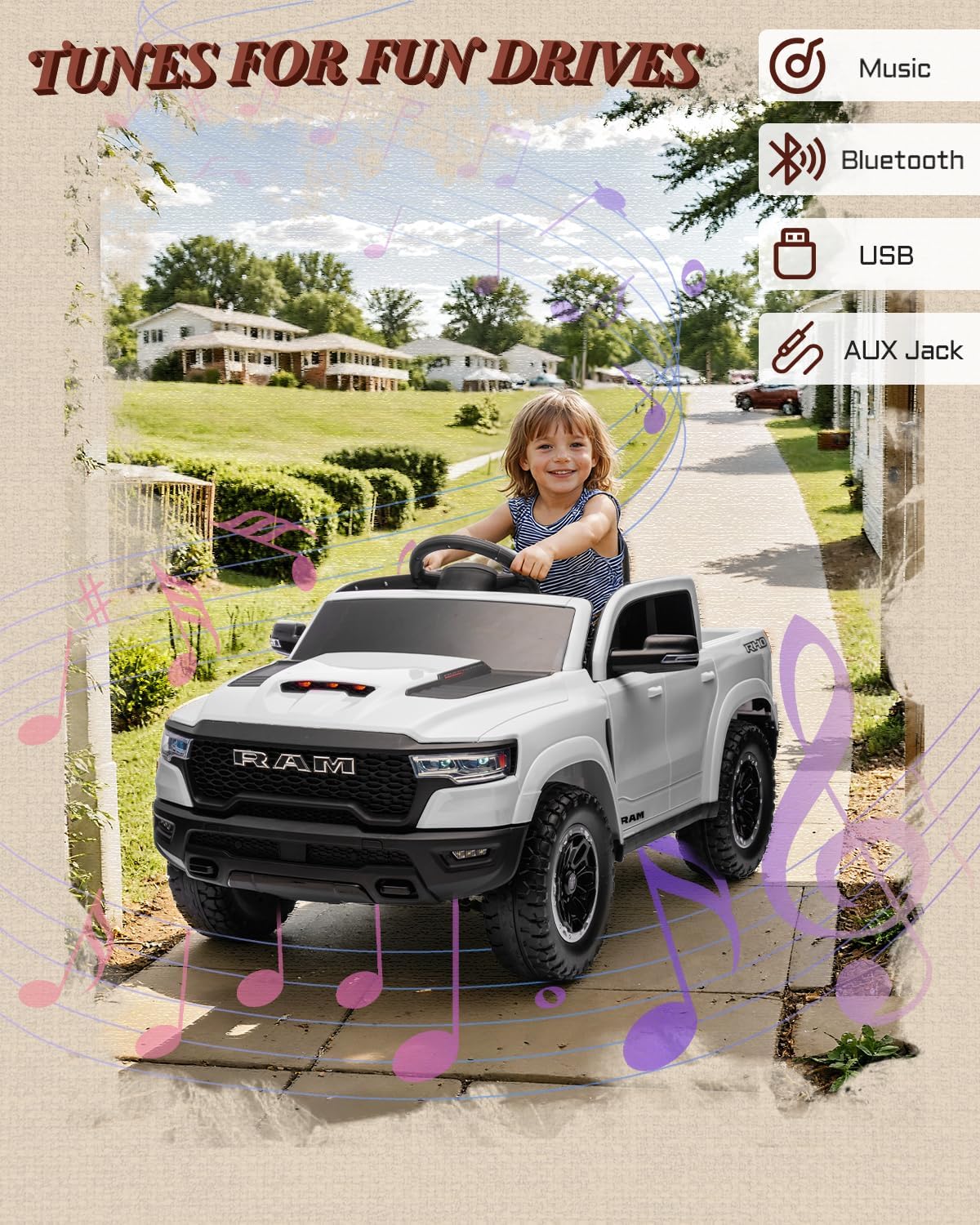 Licensed Ram 1500 RHO 12V Kids Ride on Truck, Toddler Ride on Toys with Remote Control, Children Electric Vehicles with Truck Bed Storage, Smooth Start, Music, Bluetooth (White)