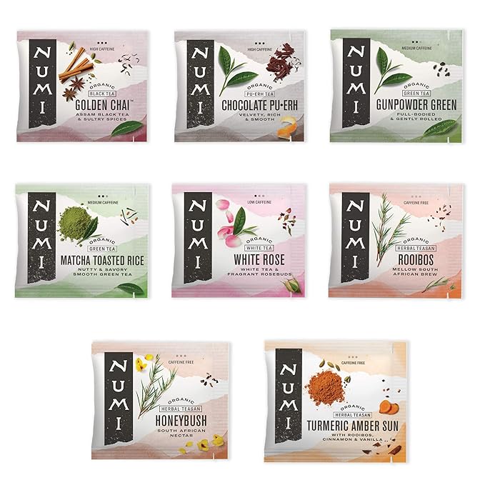Numi Organic Tea Numi's Collection Variety Pack, 16 Tea Bags, Black, Green, White, Pu-erh, Maté, & Herbal, Packaging May Vary