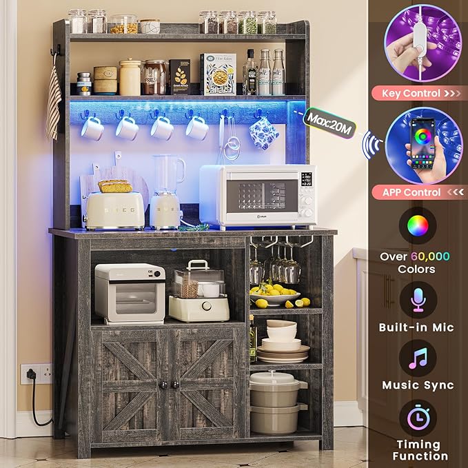 Itaar Coffee Bar Cabinet, Bakers Rack with Power Outlet and Storage, Farmhouse Microwave Stand Kitchen Cabinet with Hutch, LED Lights, Wine Glass Holder and 8 Hooks (Grey)