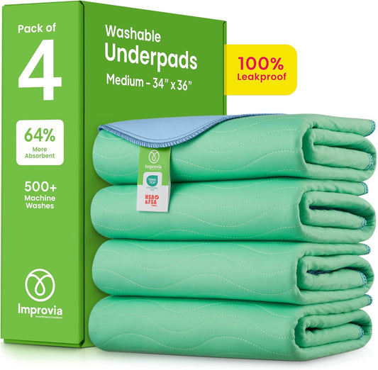 IMPROVIA® Washable Underpads, 34" x 36" (Pack of 4) - Heavy Absorbency Reusable Bedwetting Incontinence Pads for Kids, Adults, Elderly, and Pets - Waterproof Protective Pad for Bed, Couch, Sofa, Floor