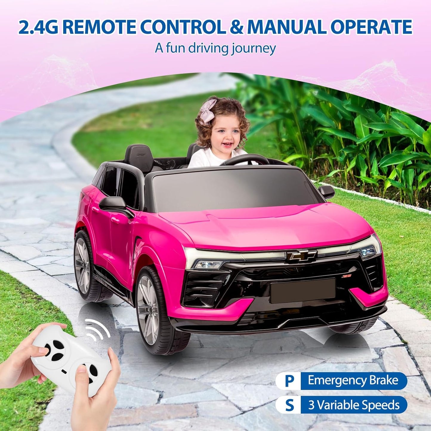 Hetoy 24V 2-Seater SUV Licensed Chevrolet Blazer Ride On Car Toy w/Parent Remote Control, 3 Speeds, Wireless Music, MP3 Player, Electric Car for Kids Ages 3-8, Pink