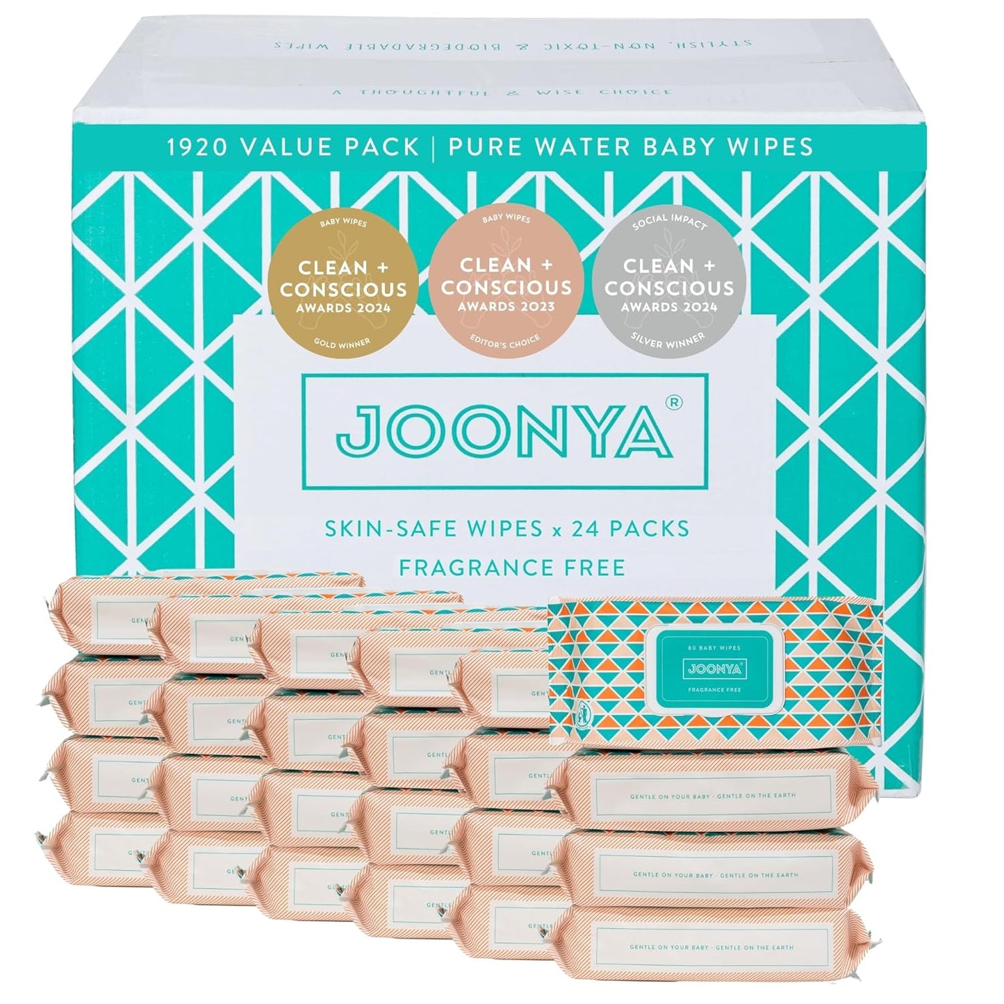 JOONYA Unscented Baby Wipes — Plant-Based, Fragrance-Free Bulk Diaper Wipes | Hypoallergenic, Non-Toxic & Biodegradable Wet Wipes for Sensitive Newborn Skin | 24 Packs of 80 Wipes (1,920 Total)