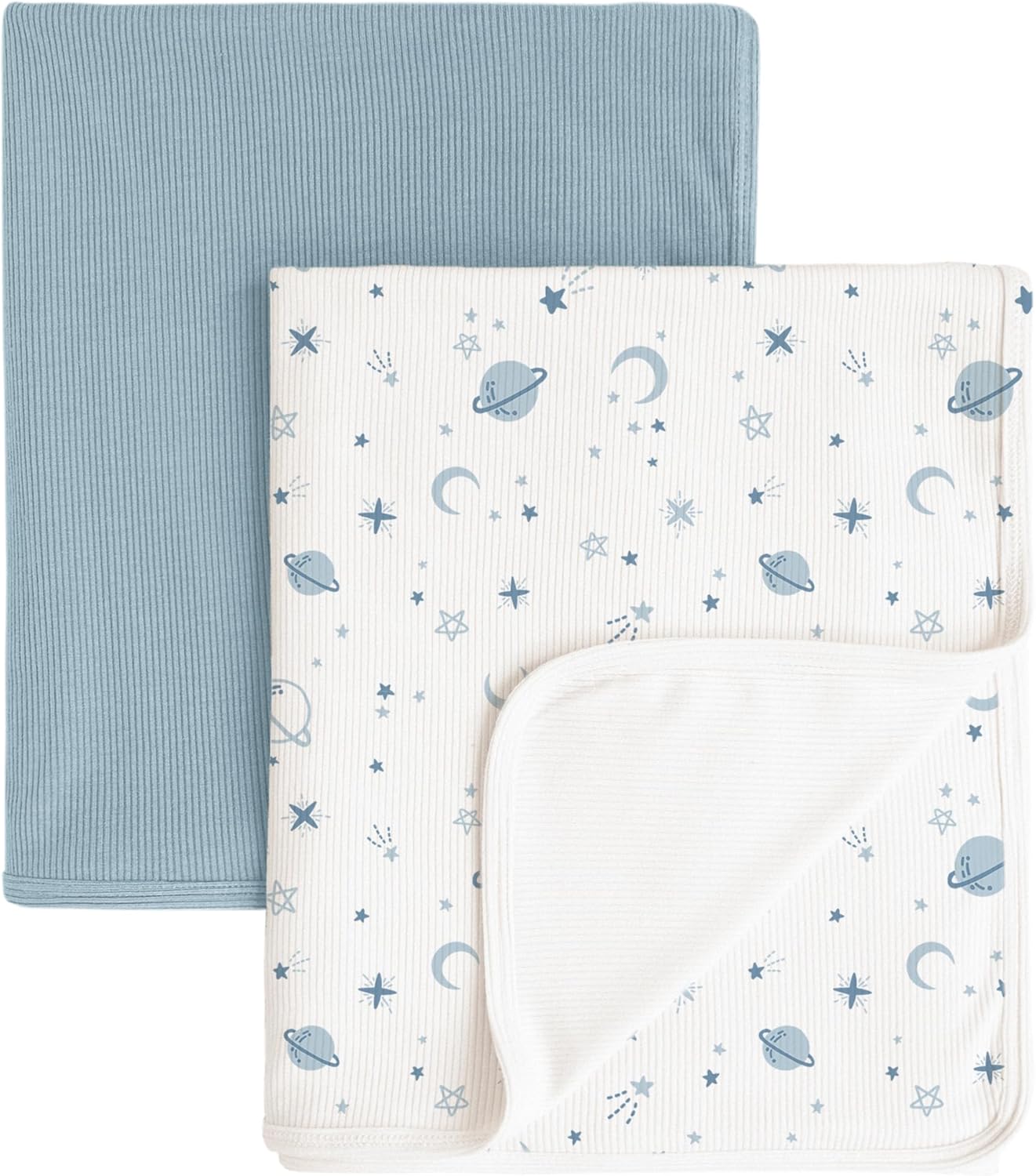 Konssy Knit Baby Blanket 2 Pack, Soft Ribbed Swaddle Receiving Blankets for Boys & Girls, Lightweight Cozy Swaddling Wrap for Newborns, Infants, & Toddlers, 33x42 Inch (Star,Blue)