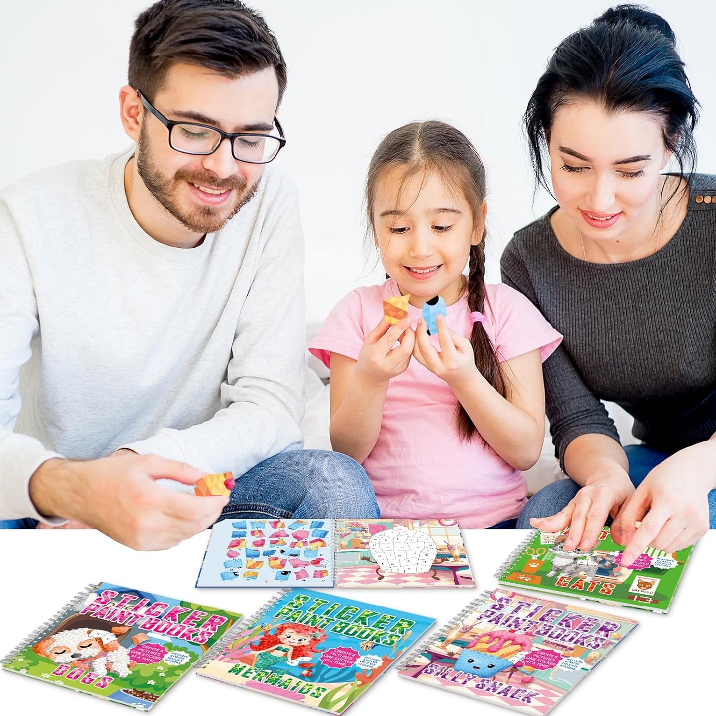 gisgfim 4Pcs Paint by Sticker Books Sticker by Number Books Activity Puzzle Book Craft Art Gift with Mermaid Cat Dog Silly Snack 32 Pictures Sticker by Number Book Set Party Favors