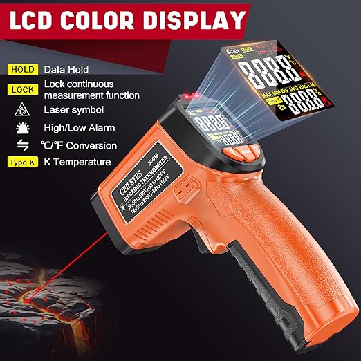 Infrared Thermometer Gun, Non-Contact Digital Laser Temperature Gun, -58°F to 1076°F, Adjustable Emissivity and Max/Min Values for Industrial, Cooking, Griddle,Engine, HVAC (Not for Human)