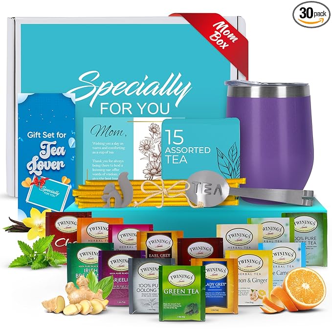 Gift Sets for Tea Lovers Women and Men Tumbler 15 Unique Teas 10 Honey Straws (Mom Card-Purple)