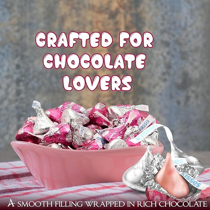 Kisses Milk Chocolate & Strawberry Ice Cream Mix – 1 lb Bag (Approx. 95 Pieces) in Silver & Pink Foils – Perfect Valentine's Candy for Gift Bags, Candy Bowls, Party Favors, and Baking Decorations