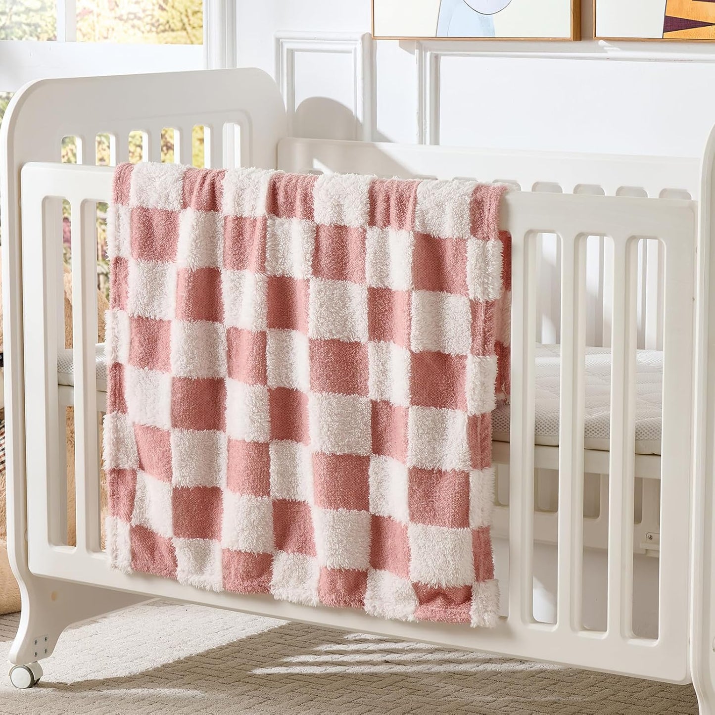 Fleece Baby Blanket for Girls 3D Checkerboard Design, Warm Cozy and Fluffy Infant Newborn Toddler Small Receiving Blankets for Crib Stroller, 30x40 Inches, Pink1