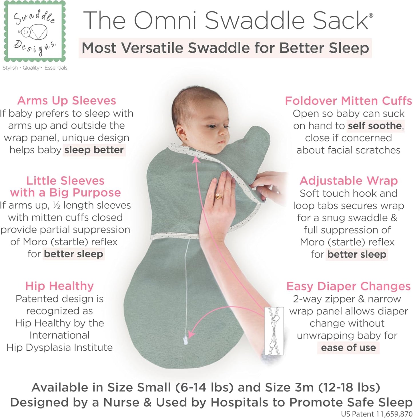 SwaddleDesigns 6-Way Omni Swaddle Sack Arms Up Swaddle for Newborn, More Options to Calm Startle Reflex, Improves Sleep