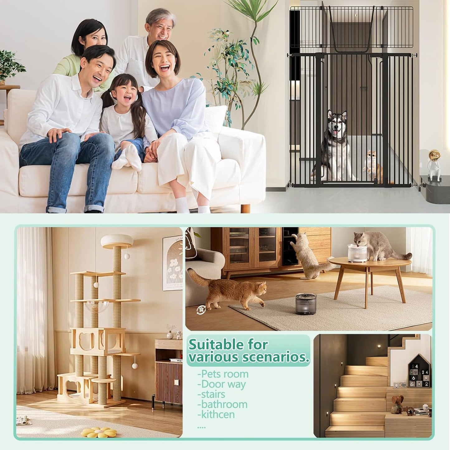 Jiprlak51 Extra Tall Cat Gate for Doorway – 28.5"-48.7" Extra Wide Pet Gate with Adjustable Cat Door Wide,Auto Close, Pressure Mounted, Pet Gate for Cats & Small Dogs, Hallway, Stairs, Kitchen