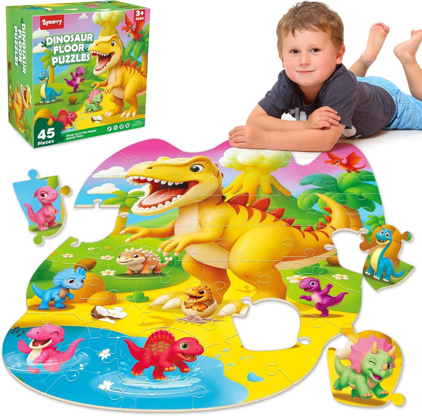 SYNARRY Dinosaur Floor Puzzles for Kids Ages 4-6, Large 45 Piece Floor Puzzles for Kids Ages 3-5, Dinosaur Puzzles for 4-8 Years Old, Dino Toys Gifts for 3 4 5 6 7 8 Years Old Boys Girls Child