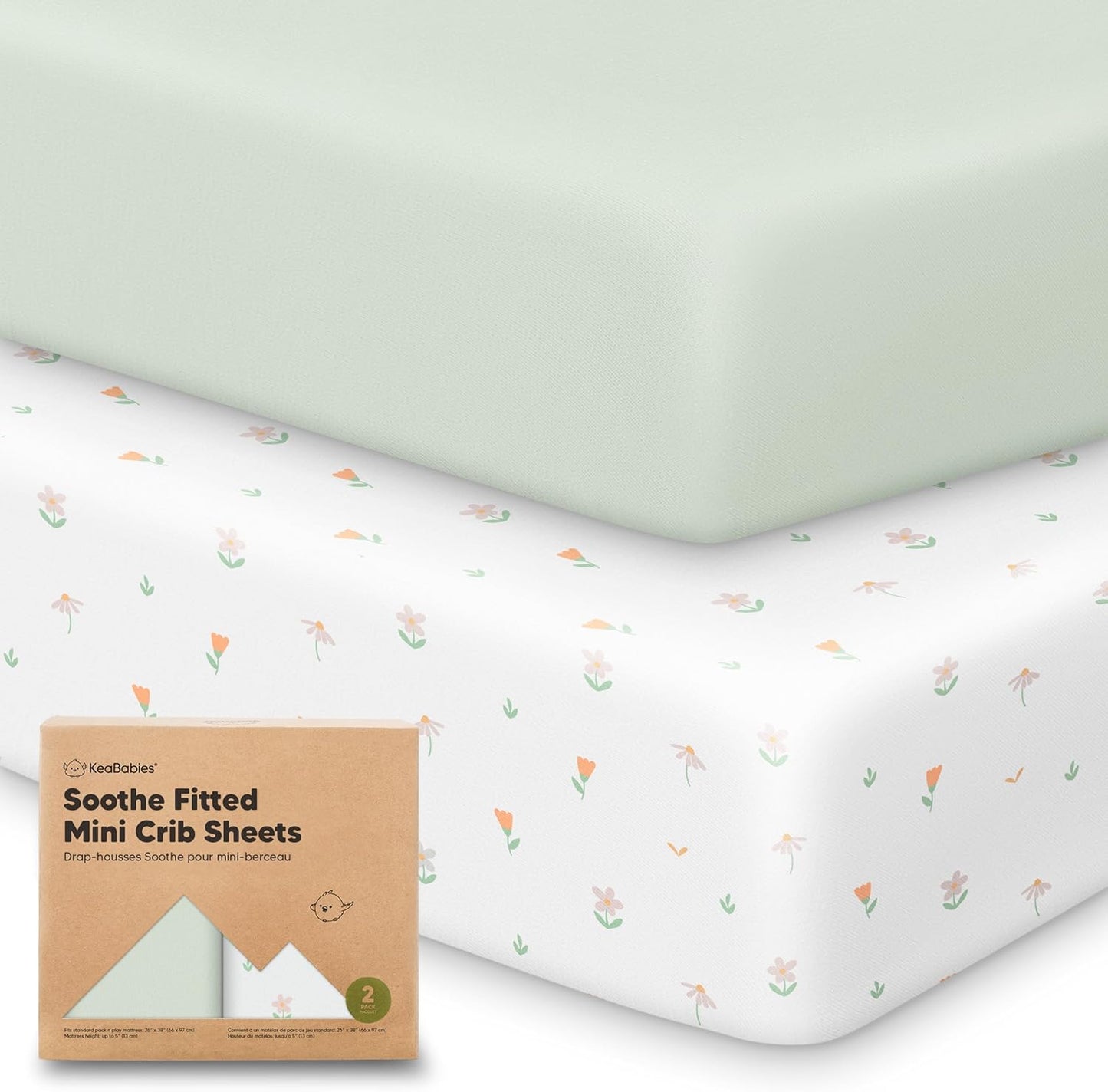 2-Pack Mini Crib Sheets Fitted - 38x26 Pack N Play Sheets for Pack and Play Mattress, Organic Cotton, Soft & Breathable Playard Bedding, Neutral Mini Toddler Bed Cover for Boys, Girls (Wildflowers)